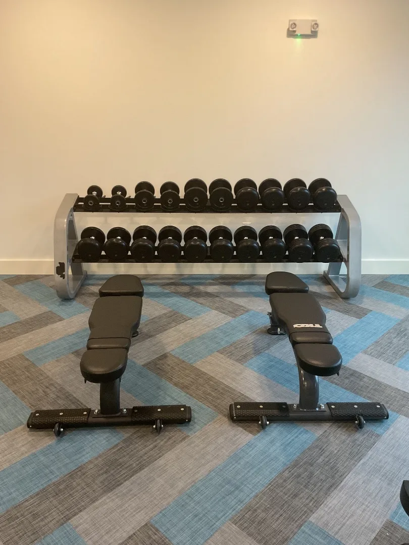Two-tier dumbbell rack with rubber round dumbbells and two TKO adjustable benches