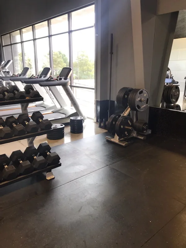 Free-weight corner with dumbbell racks and Olympic tri-grip plate storage beside the Matrix treadmill row