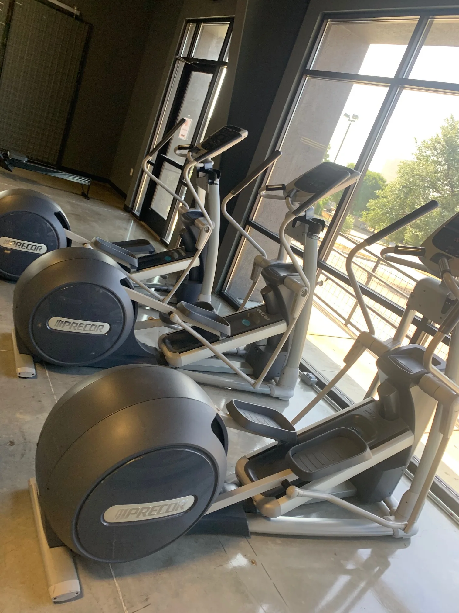 Three Precor EFX ellipticals lined up at the front windows of the training floor