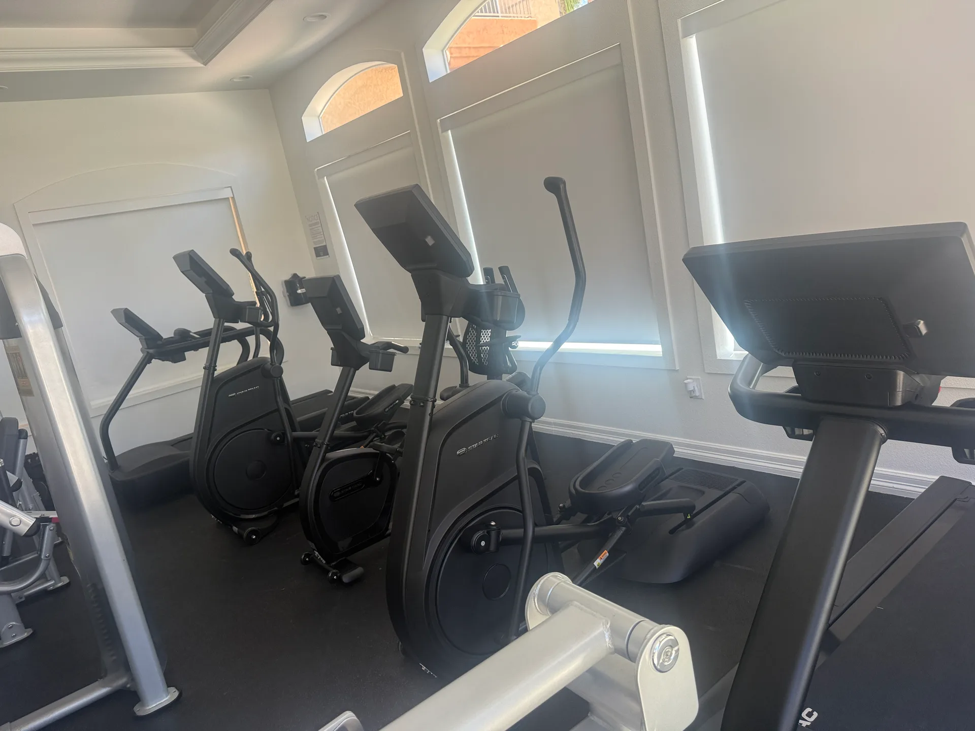 Cardio equipment beneath arched windows in an upscale fitness room