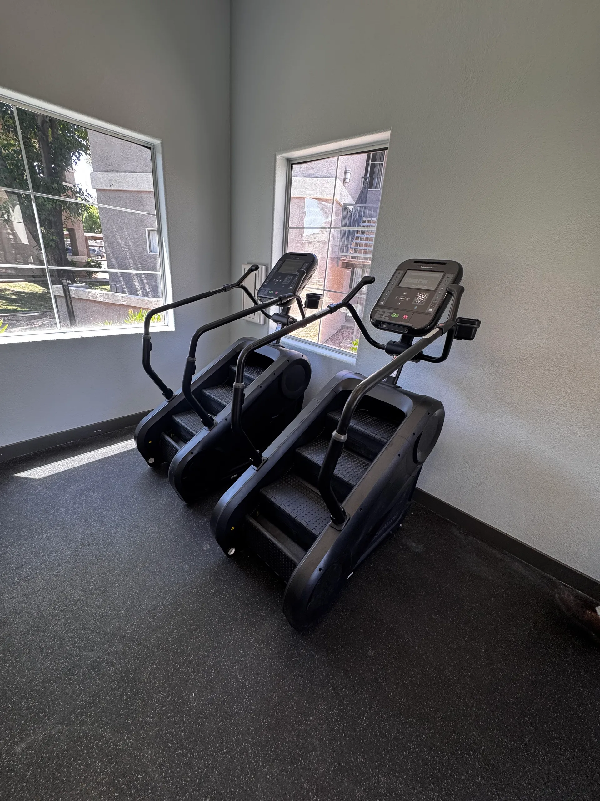 Stairmill climbers beside cardio machines in a fitness center