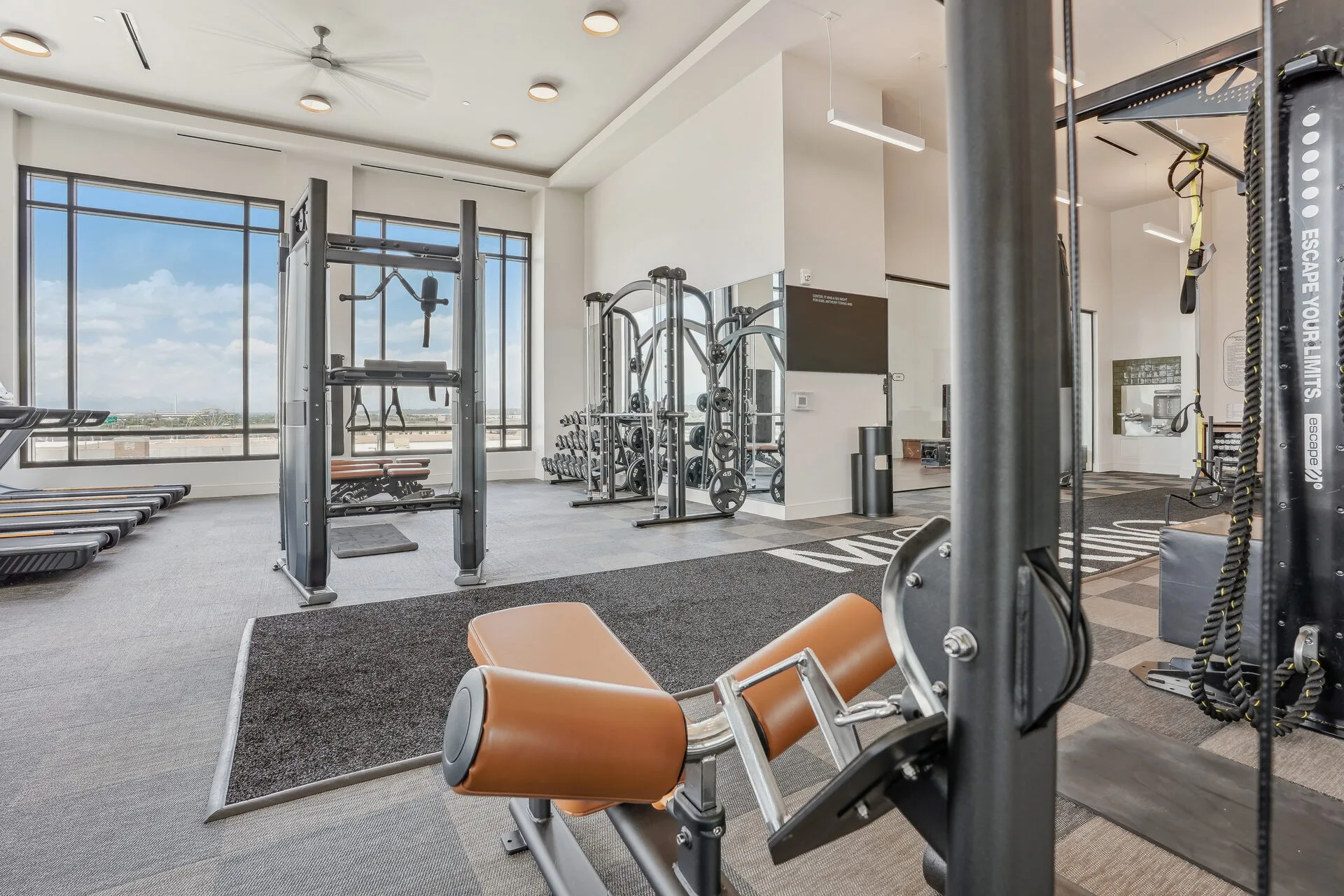 Compact fitness room with treadmills and a dumbbell rack