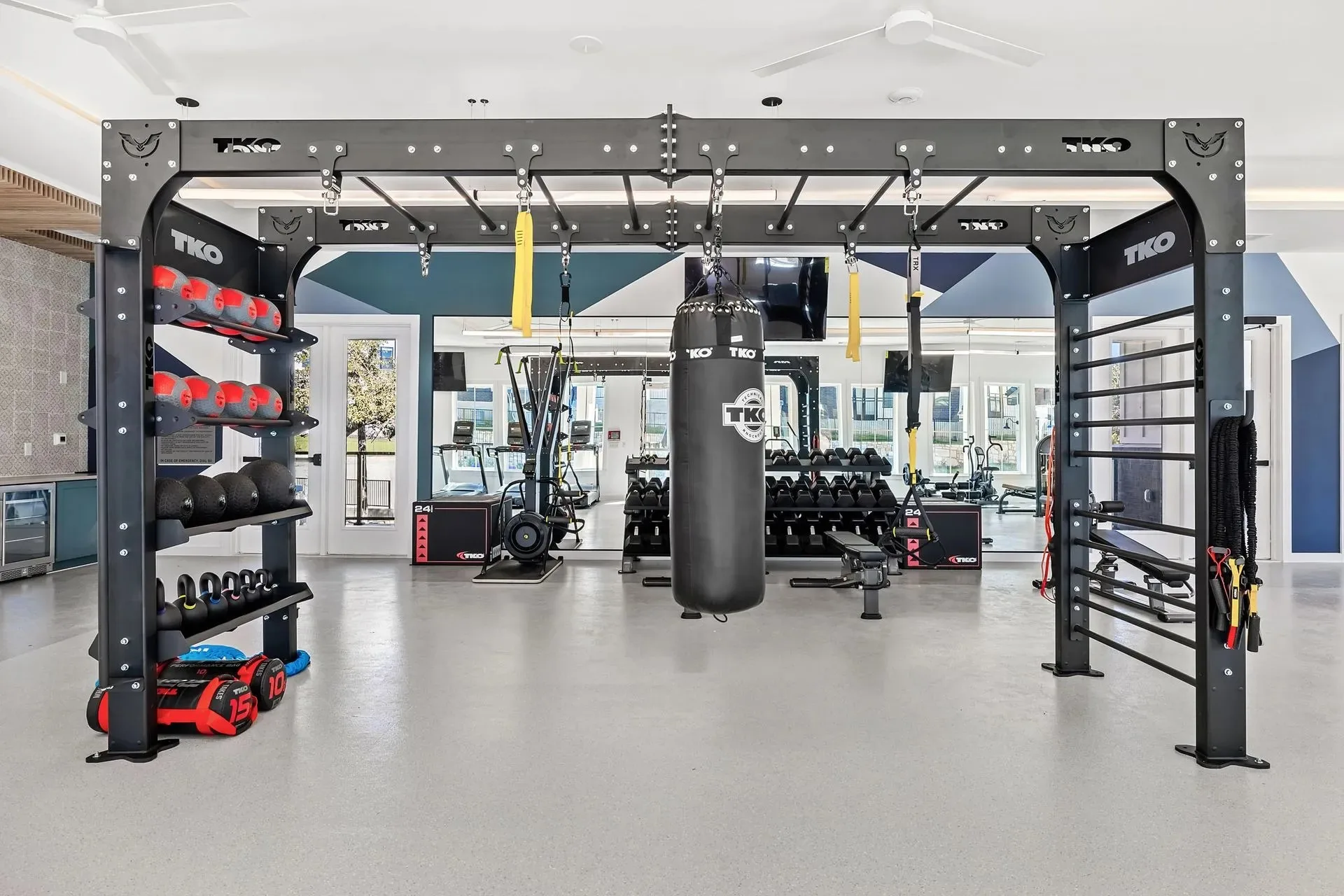 Functional training rig with storage on turf flooring