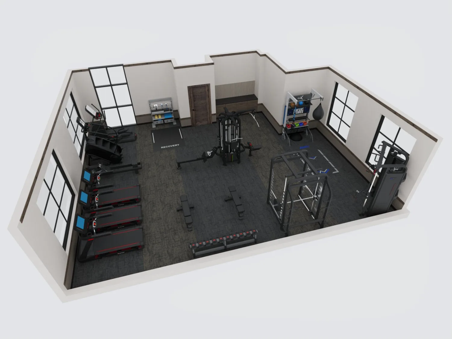 Isometric layout plan rendering of a multi-zone fitness space