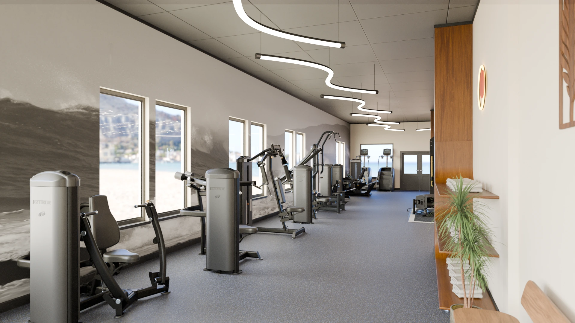 Design rendering of a cardio and strength floor along a window wall