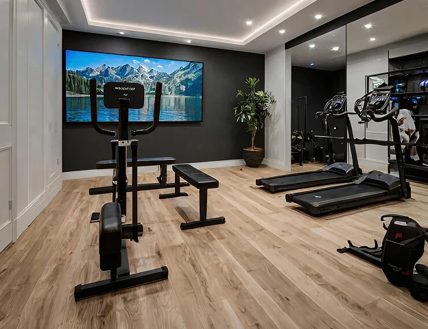 Home gym with an exercise bike, bench and treadmill in front of a wall-mounted TV